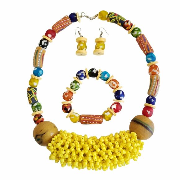 set of 3 AFRICAN handmade trade bead choker statement necklace bracelet earrings - Picture 1 of 8